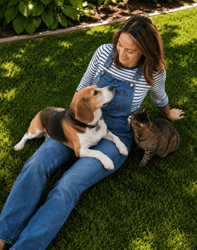 A pet parent sitting on the grass with her beagle and tabby cat, enjoying time outdoors together